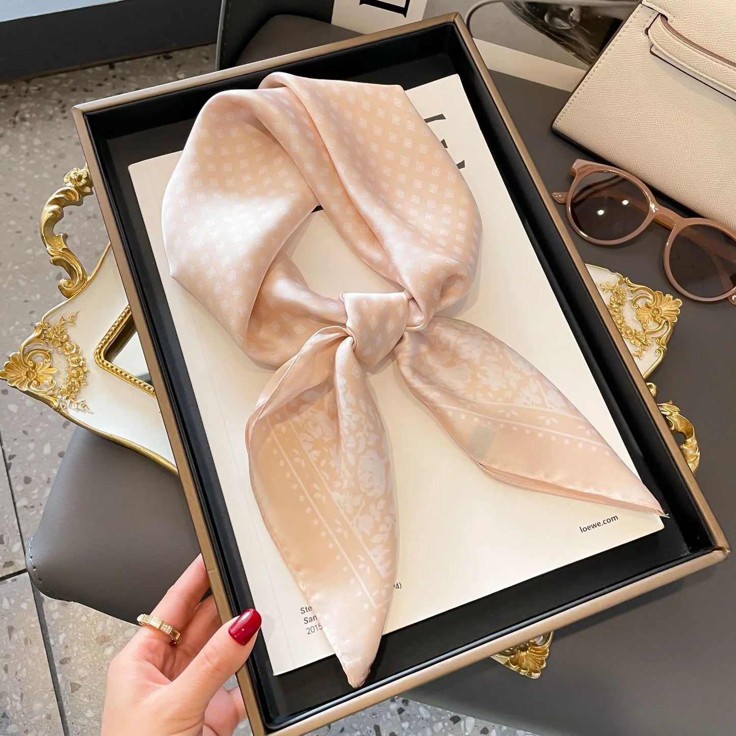 1pcs 70cm Houndstooth Printed Square Scarf For Women Silk CHRISTIAN Letters Fashionable And Versatile Headscarf Scarf Bandana