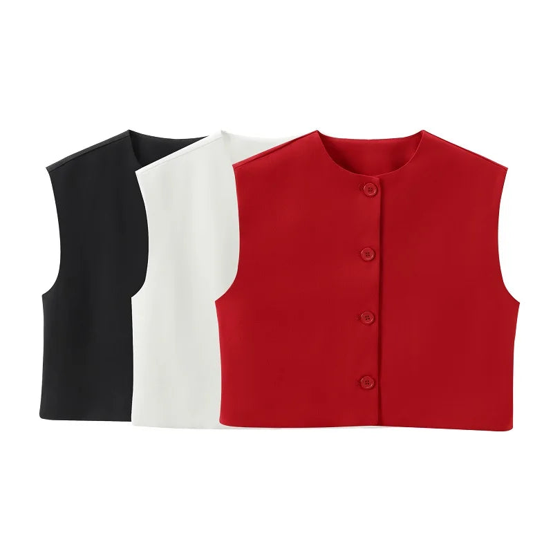HXAO Short Women Vest Top Sleeveless Button Lady Top New In 2024 Summer O-Neck Fashion Casual Elegant Office Women Clothing