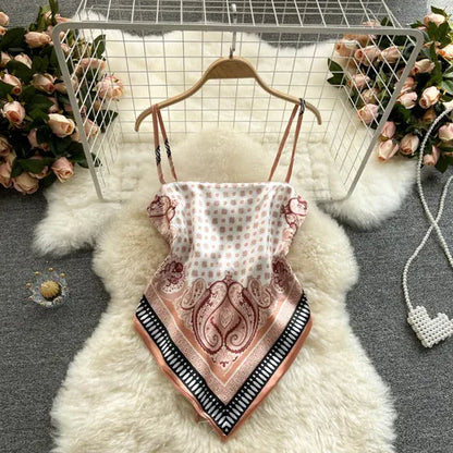 Women Sexy Backless asymmetrical lace-up Camis Print Tank Top Chic One-piece Corset Bustier Summer Beach vacation Crop Top