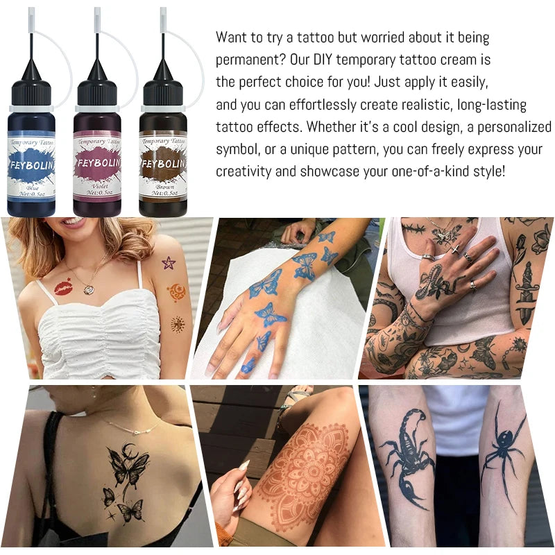 Long-Lasting Temporary Tattoo Inks with 3 Tattoo stickers Kit,Freehand Painting Gel for Makeup Trend Party Tattoos for Face Body