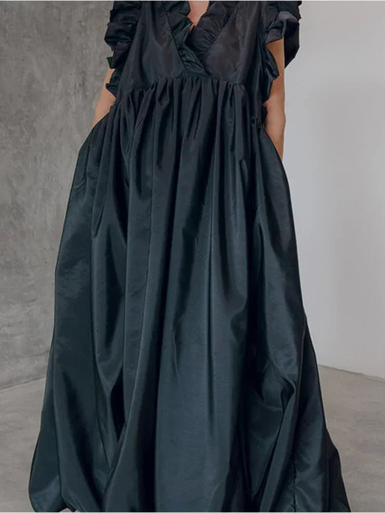 Elegant Women's Pleated Dress A-line Loose Ruffle Sleeveless Summer Casual Vintage Fashion V-Neck Summer Dress for Female