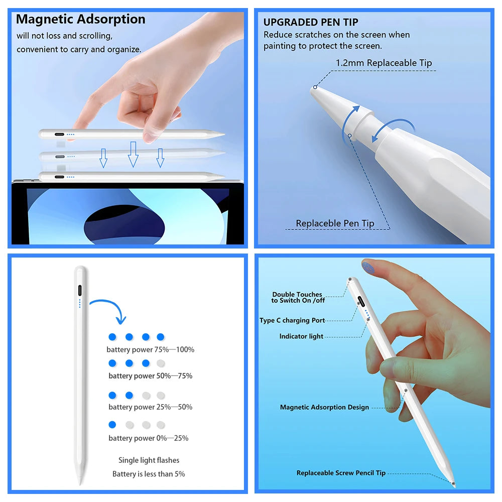 Stylus Pen For Apple Pencil with LED Power Indicators Palm Rejection Touch Pen For 2026 2025 2022 2021 2020 2019 2018 iPadPencil