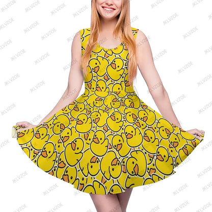 Summer New Fashion Yellow Classic Ducks Graphic Women Sleeveless Dress Kawaii Animal Aesthetic Dresses Female Kawaii Dress