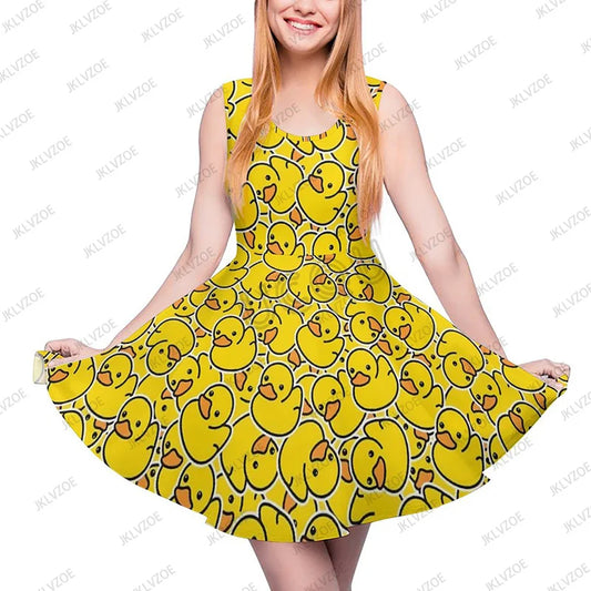Summer New Fashion Yellow Classic Ducks Graphic Women Sleeveless Dress Kawaii Animal Aesthetic Dresses Female Kawaii Dress