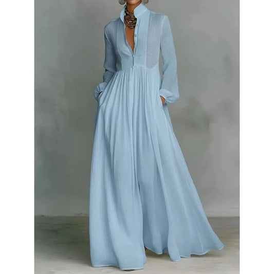 Elegant Stand Collar Long Sleeve Party Dress, Women 2026 New Spring Solid Casual Dresses, Single Breasted Ladies Pocket Dresses