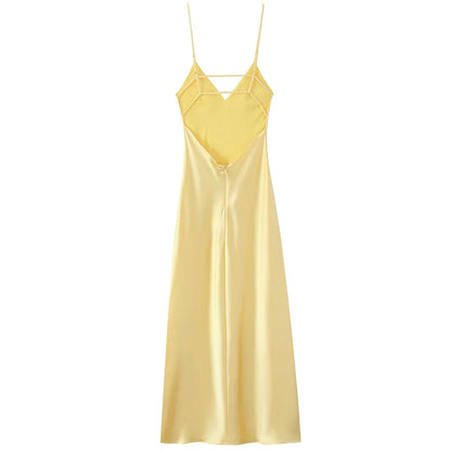 HXAO Womens Yellow Slip Dress Summer 2025 Woman Satin V-Neck Party Dresses Elegant Evening Sleeveless Backless Long Vestidos 066