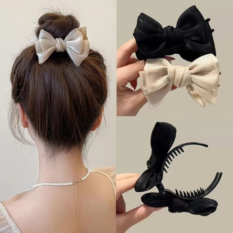 1pcs/2pcs/3pcs Solid Color Shiny Mesh Bow Hair Clip for Woman Fashion Girl Meatball Head Hair Clip Grab Clip Hair Accessories