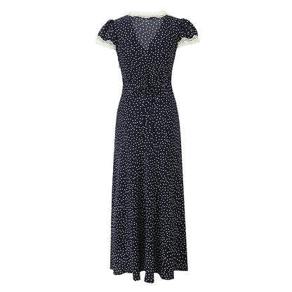 YENKYE 2025 Women Navy Blue Polka Dot Long Dress Lace Trim V Neck Short Sleeve A-line Elegant Holiday Dresses Summe Maxi Robe