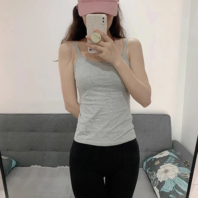 1PC Korean Women's Solid Color Spaghetti Straps Sleeveless Slim Camisole With Chest Pad