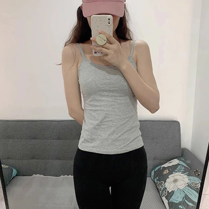 1PC Korean Women's Solid Color Spaghetti Straps Sleeveless Slim Camisole With Chest Pad