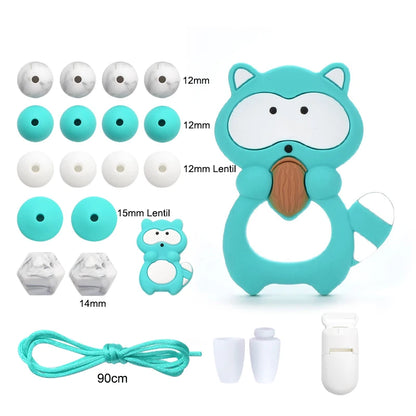 LOFCA Silicone Teether Wood Beads Set BPA Free DIY Baby Teething Necklace Toy Cartoon Koala Raccoon Pacifier Chain Clip