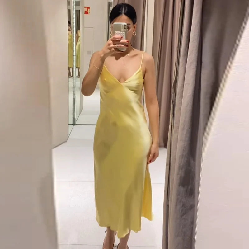 HXAO Womens Yellow Slip Dress Summer 2025 Woman Satin V-Neck Party Dresses Elegant Evening Sleeveless Backless Long Vestidos 066
