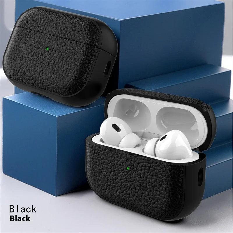 For Airpods Pro3 Case Luxury Lychee Leather Business Earphone Case with Hook Strap Headphone Cover For Apple AirPods 4 3 2 1 Pro
