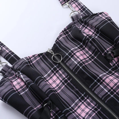 Goth Chic Y2K Blue Plaid Print Mini Dress with Side Tie Center Zipper A-Line Slip Bustier Sleeveless Dress for Women Fashion