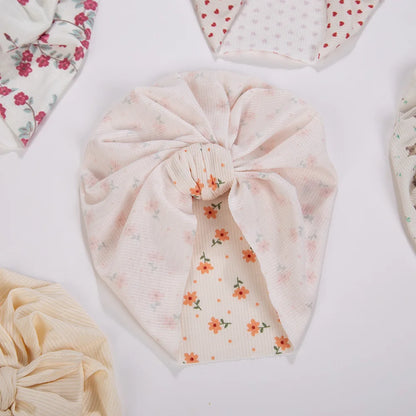 Ins Ribbed Baby Turban Hats Heart Dasiy Cherry Butterfly Bear Printed Infant Beanies Toddler Boys Girls Caps Kids Headwear