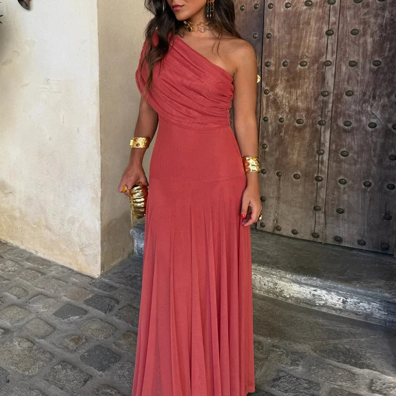 Casual Asymmetrical Dress Summer Slanted Collar High Waist Pleats Long Dress Lady Elegant One Shoulder Sleeve Slim Banquet Dress