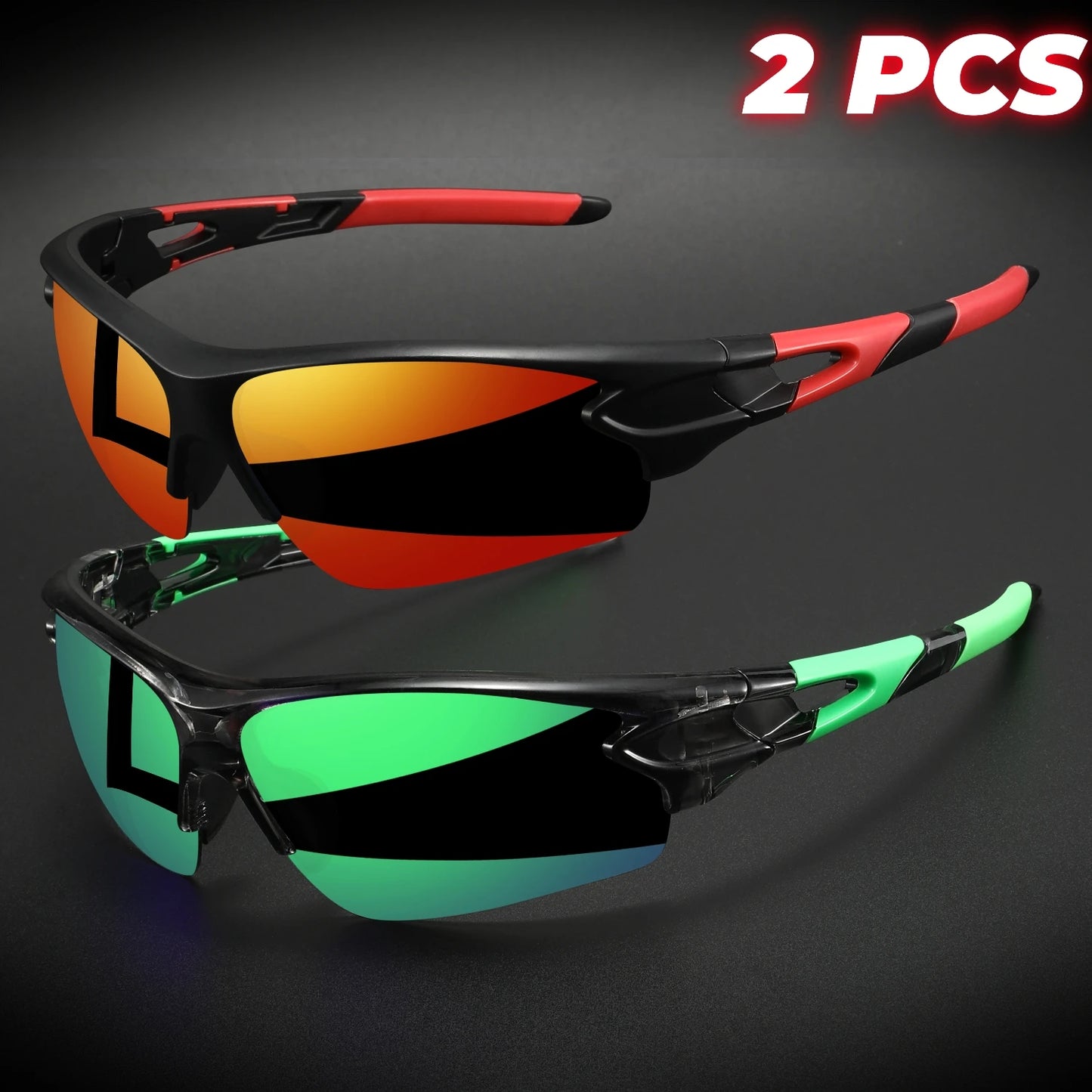 2PCS New Wraparound Sports Sunglasses Semi-Rimless Lightweight for Cycling Hiking Daily Unisex UV400 Anti-Fog Outdoor Eyewear