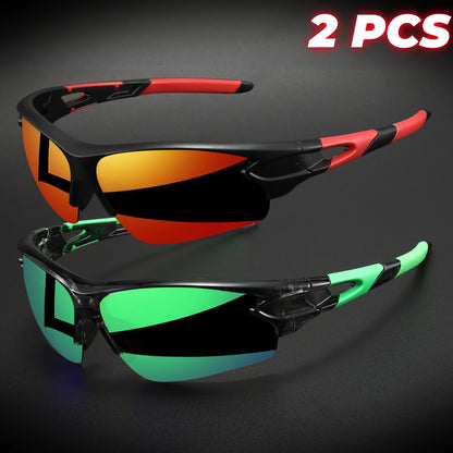2PCS New Wraparound Sports Sunglasses Semi-Rimless Lightweight for Cycling Hiking Daily Unisex UV400 Anti-Fog Outdoor Eyewear