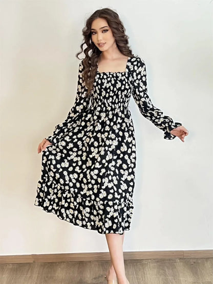 Long Sleeve Casual Dress Women Chiffon Dresses Autumn Spring A-line Printed Floral Elastic Chest Lace Up Midi Dresses Vestidos