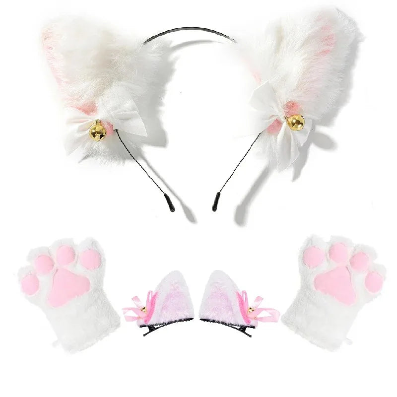 1 Set Cute Cat Ear Hair Wear Claw Gloves Girls Anime Cosplay Costume Plush Bell Cat Fur Ear Hairband Night Party Club Headbands