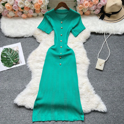 YuooMuoo 2026 Summer Women Knitted Long Dress Brand Fashion O-neck Buttons Bodycon Sweater Dress Elegant Lady Office Vestidos