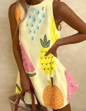 2025 Summer Casual print loose mini Dresses For Woman Fashion Beach Marine elements Dress o-neck  Sleeveless party Dress