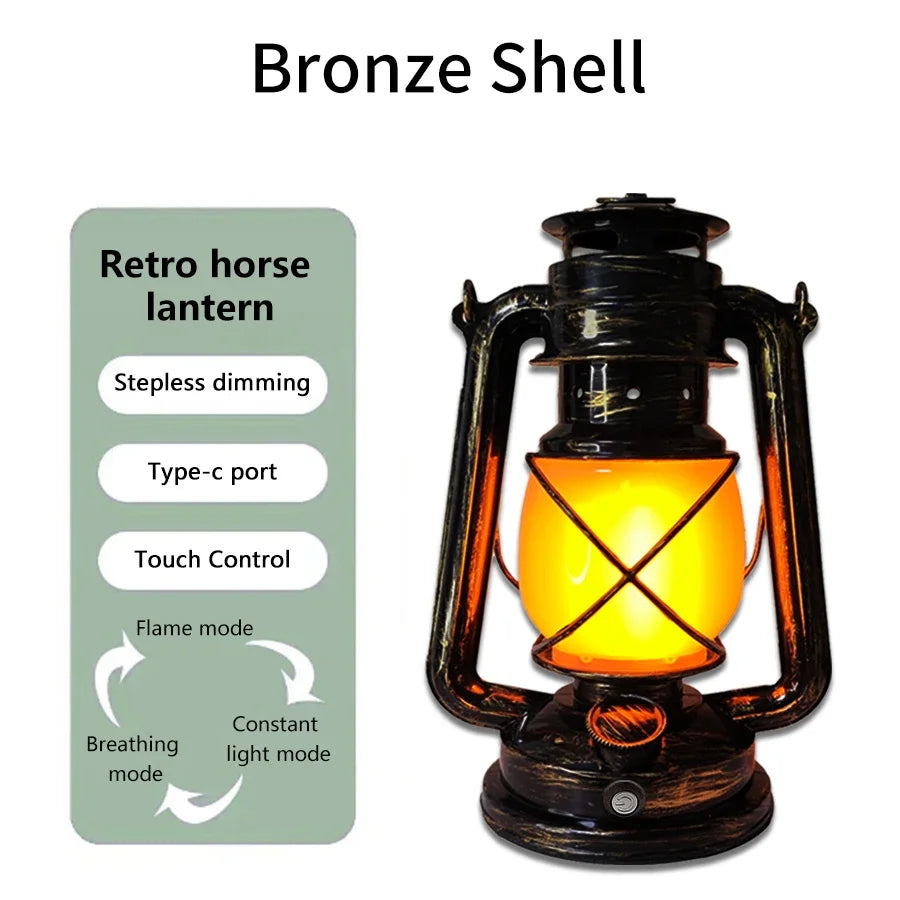 Retro Portable LED Horse Lantern Lamp Rechargeable Hanging Camping Lights 3 Lighting Modes for Desktop Bar Resturant Decoration