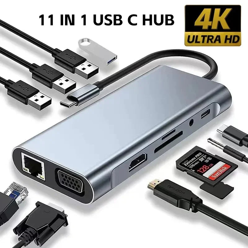 USB C HUB 4K 30Hz Type C to HDMI-compatible USB 3.0 Adapter 11 in 1 Type C HUB Dock PD 87W USB C Splitter for MacBook Pro Air