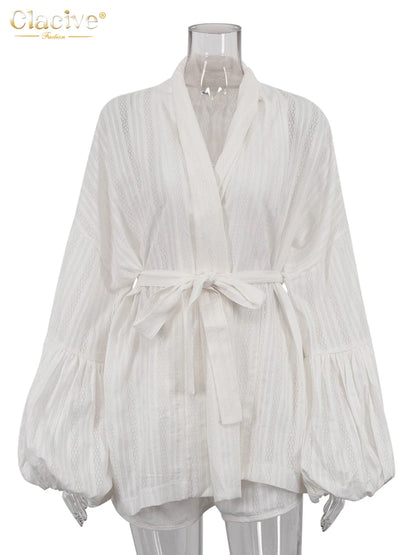 Clacive Fashion Loose White Cotton Sets For Women 2 Pieces 2025 Elegant Puff Sleeve Robes With High Waist Shorts Set Female