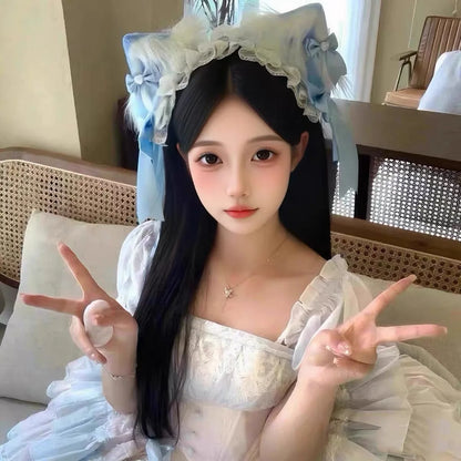 Bow Cat Ear Hairband Hair Hoop for Women Sweet Lace Headdress Cosplay Anime Headbands Cute Plush Ears Ribbon Hair Accessories