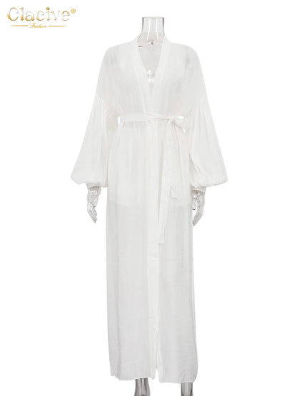 Clacive Casual Loose White 2 Piece Sets Women Outfit 2025 Elegant Long Sleeve Robes With Mid Waist Shorts Set Female Clothing
