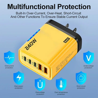 5in1 240W GaN 2USB+3Type-C Fast Charger Multi Ports Phone Charging Head With LED Light Wall Adapter For IPhone 16 15 pro Laptop