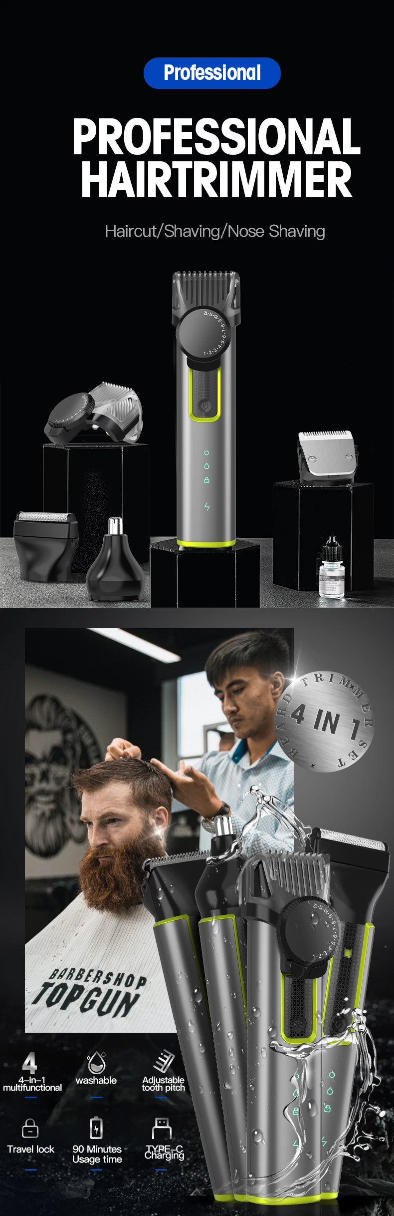RESUXI 677 Men's Professional 4 in 1 Hair Trimmer Set Multi-function Hair Clipper Electric Shaver Nose Eyebrow Hair Grooming Kit