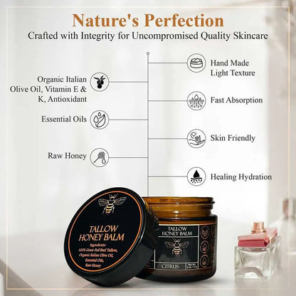 Organic Grass Fed Beef Tallow Balm With Raw Honey Moisturizing Cream For Soft Smooth Skin Handmade All-Natural Moisturizer Skin