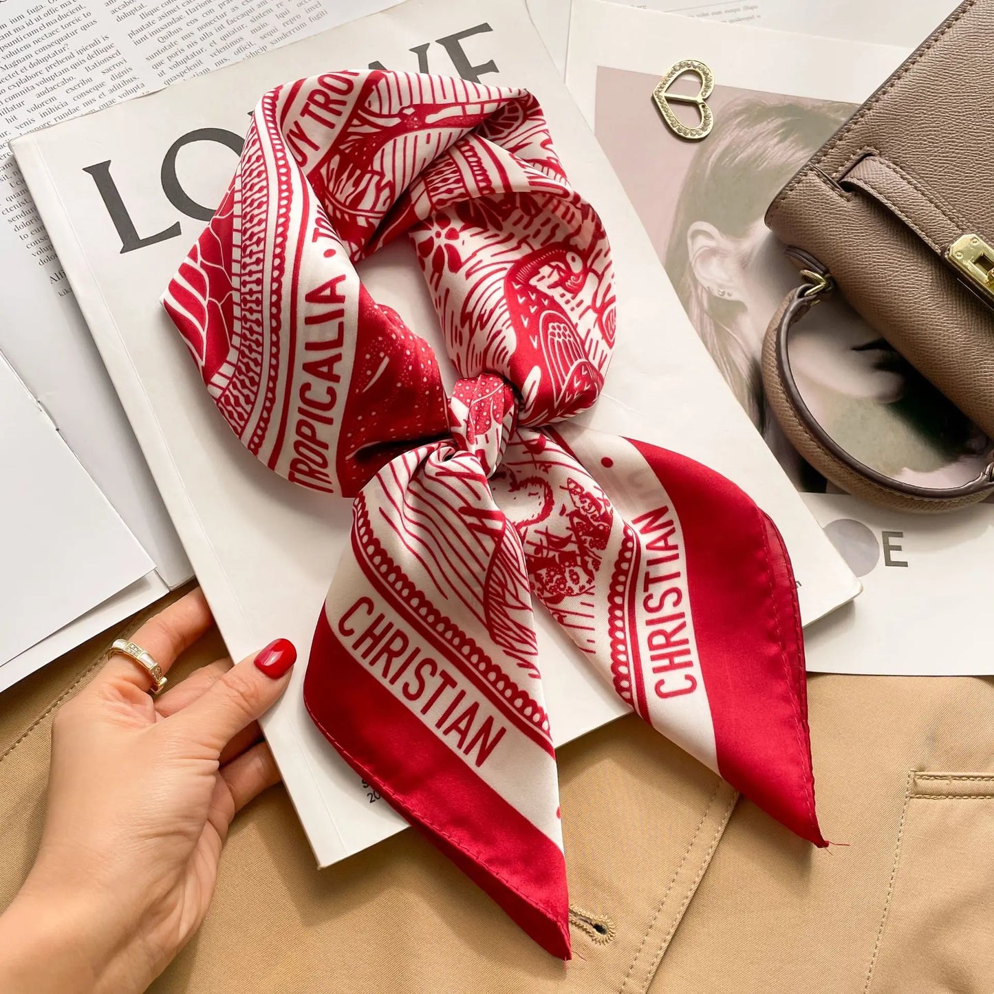 1pcs 70cm Houndstooth Printed Square Scarf For Women Silk CHRISTIAN Letters Fashionable And Versatile Headscarf Scarf Bandana