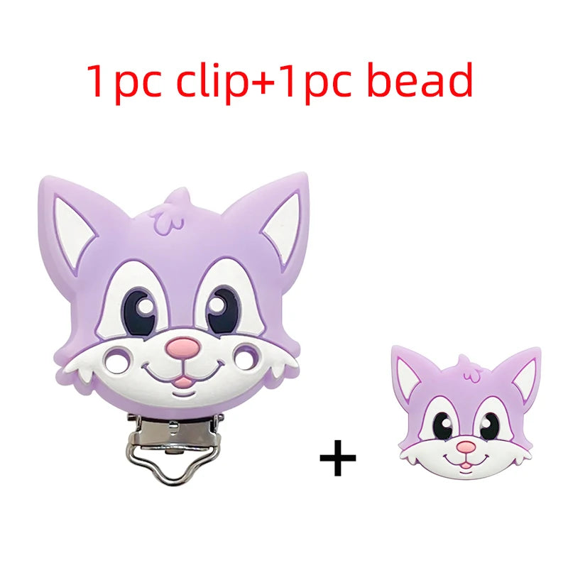 2pcs Silicone Cartoon Animal Teething Toy Fox Panda Elephant Food-Grade Silicone Nipple Necklace Clip Baby Toy Gift