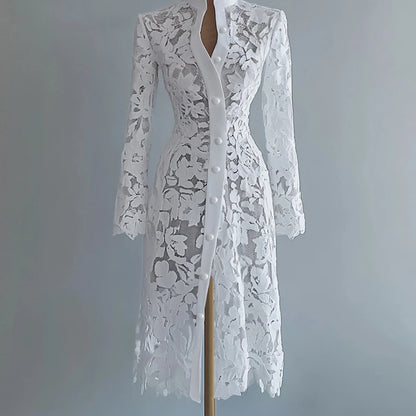 Women's Floral Lace Hollow Out Elegant Dress Solid Single-breasted Turtleneck Autumn Long Sleeve Cardigan Outwear Midi Dresses