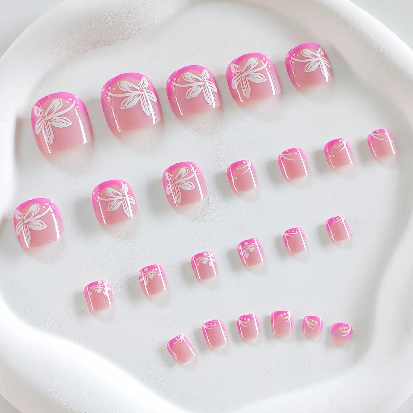 24PCS Pink Fake Toenails With Full Coverage Of Glossy Acrylic Glue, Designed Flower Artificial Ssticks, Suitable For Women's