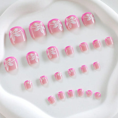 24PCS Pink Fake Toenails With Full Coverage Of Glossy Acrylic Glue, Designed Flower Artificial Ssticks, Suitable For Women's