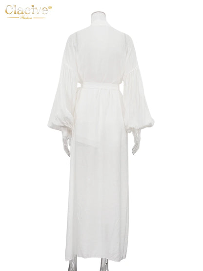 Clacive Casual Loose White 2 Piece Sets Women Outfit 2025 Elegant Long Sleeve Robes With Mid Waist Shorts Set Female Clothing
