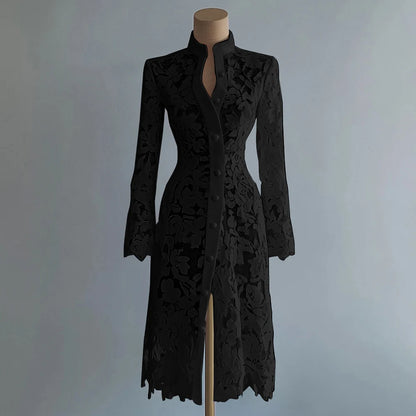 Women's Floral Lace Hollow Out Elegant Dress Solid Single-breasted Turtleneck Autumn Long Sleeve Cardigan Outwear Midi Dresses