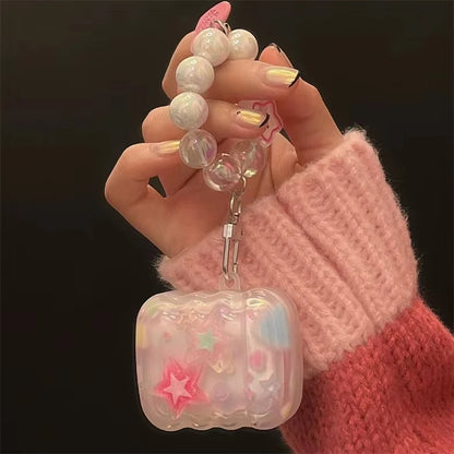 Korean Cute 3D Pink Star Wavy Border Headphones Case For AirPods 1 2 3 With Love Heart Bead Pendant Soft Cover For AirPods Pro 2
