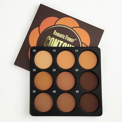 9-Color Dark Bronze Foundation Palette, for Contouring, Concealing, Setting Makeup, Oil Control, Shading, and Nose Shadowing, with a Matte Finish and Subtle Shimmer