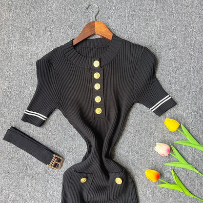 YuooMuoo 2025 Autumn Winter Women Knitted Dress Brand Fashion O-neck Buttons Bodycon Sweater Dress with Belt Lady Office Dress