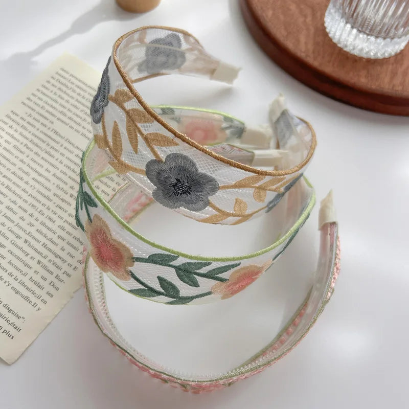1/3pcs Elegant Chiffon Embroidery Flower Hairband – Sweet Floral Headband Turban Hoop for Women Fashion Hair Accessories