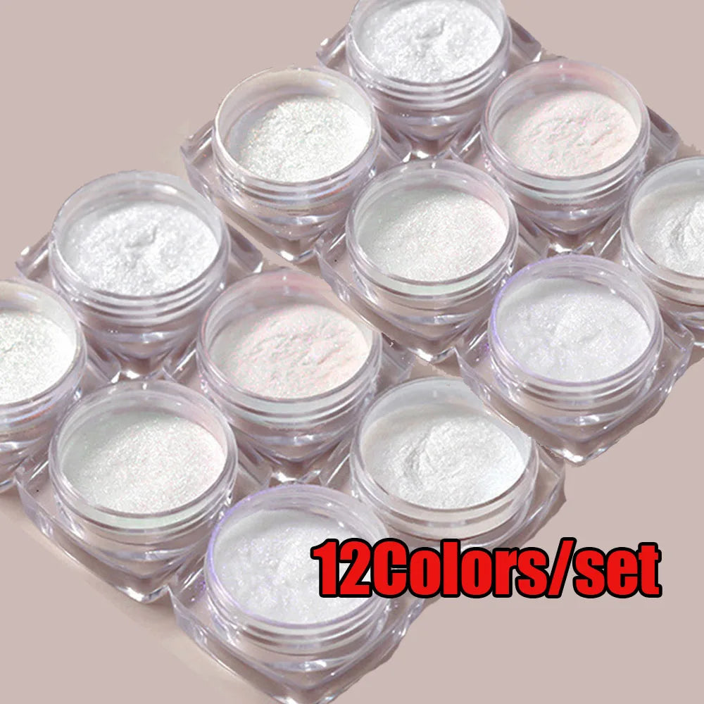 12Pcs/Set Aurora White Nail Mirror Powder 0.3g/Jar Shimmer Moonlight Chrome Pigment Dust for UV Gel Polish Manicure Decorations