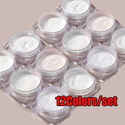 12Pcs/Set Aurora White Nail Mirror Powder 0.3g/Jar Shimmer Moonlight Chrome Pigment Dust for UV Gel Polish Manicure Decorations