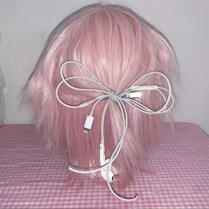  Korean Fashion Headphone Wire Bow Hair Clips - Harajuku Cute Upcycled Aesthetic Hair Pins for Girls - Trendy Hair Accessories