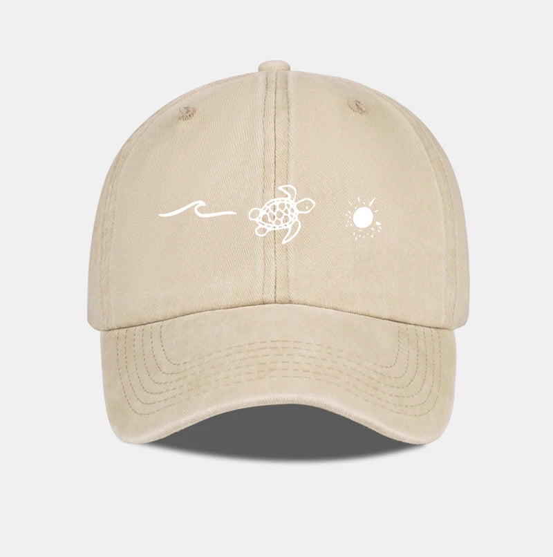 Retro Washed Baseball Cap with Wave, Turtle, and Sun Print – Unisex Adjustable Dad Cap – Summer Beach Sun Hat