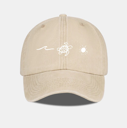 Retro Washed Baseball Cap with Wave, Turtle, and Sun Print – Unisex Adjustable Dad Cap – Summer Beach Sun Hat